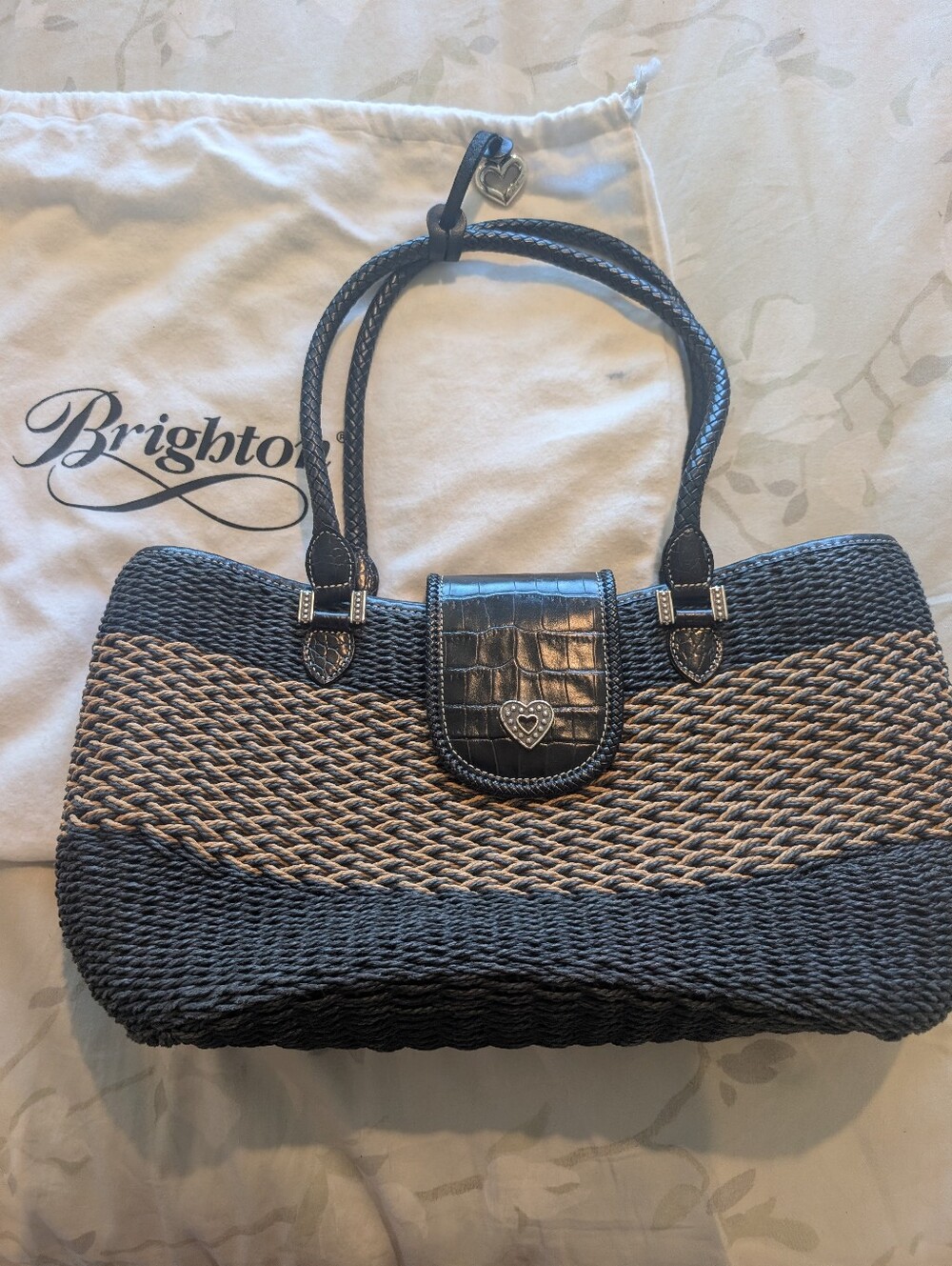 Brighton Black and Tan Woven Rope Tote with Croc-Trim BRIGHTON Savannah Bag
